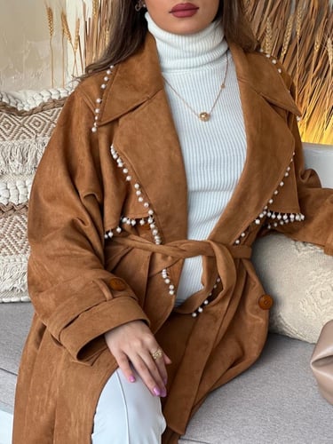 عباية شتوية فاخرة القماش شامواة بني مع شك لولو