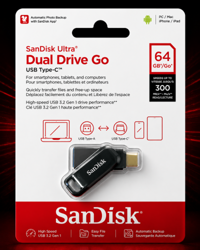 فلاش مومري تايب سي و يو اس بي usb flash 64gb sandi...
