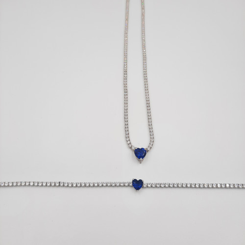 طقم عقد واسوارة تنس فضة صافي عيار 925 مع فص بشكل ق...