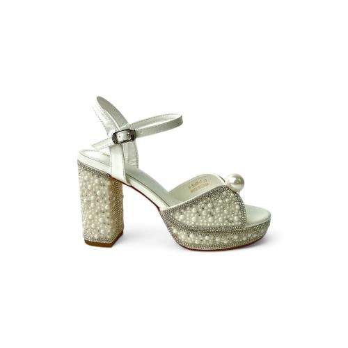 صندل نسائي سهرة , كعب عريض , مزين بالفصوص اللؤلؤية...