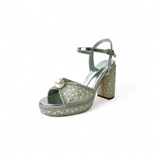 صندل نسائي سهرة , كعب عريض , مزين بالفصوص اللؤلؤية...