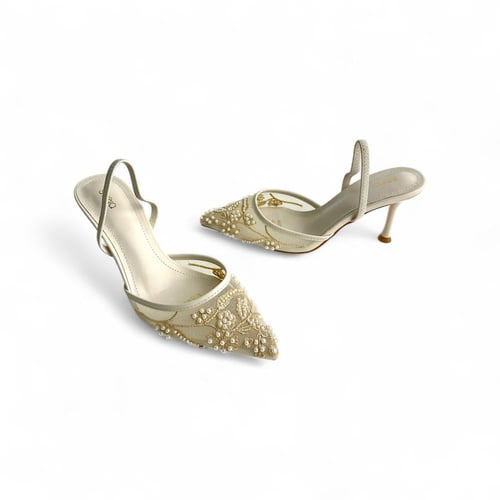 جزمة نسائي كعب مسمار , مزينة بالفصوص البيضاء اللام...