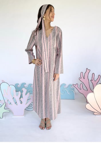 فستان سلاسل زهري أكمام طويله مع شريطه