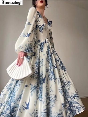 فستان صيفي كلاسيكي فرنسي مطبوع بالورود ميدي بياقة...