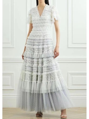 فستان نسائي طويل متعدد الطبقات مكشكش