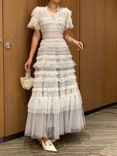 فستان نسائي طويل متعدد الطبقات مكشكش
