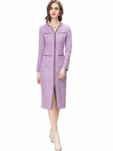 فستان نسائي من التويد بأكمام طويلة مع حزام