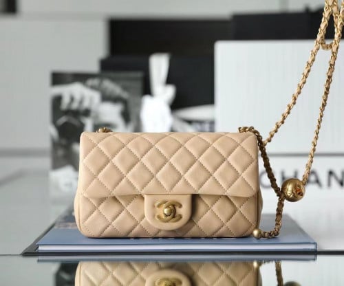 Light Beige Quilted Pearl Crush Gold Ball Flap Bag