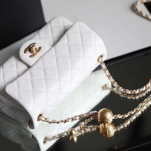 White Quilted Pearl Crush Gold Ball Flap Bag