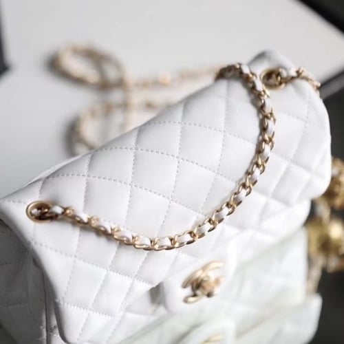 White Quilted Pearl Crush Gold Ball Flap Bag
