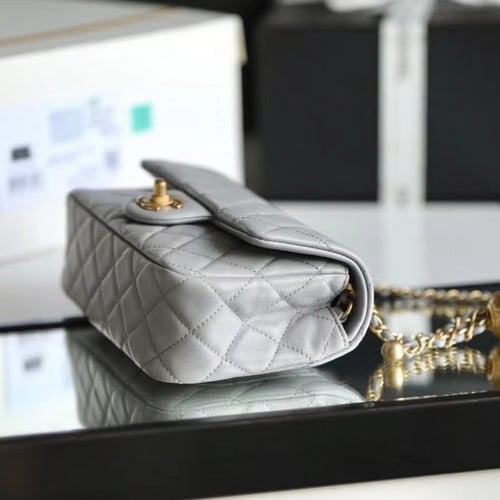 Grey Quilted Pearl Crush Gold Ball Flap Bag