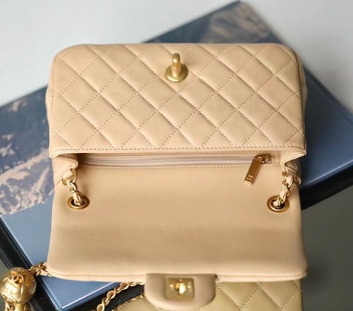 Light Beige Quilted Pearl Crush Gold Ball Flap Bag