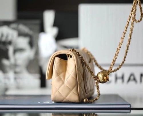 Light Beige Quilted Pearl Crush Gold Ball Flap Bag