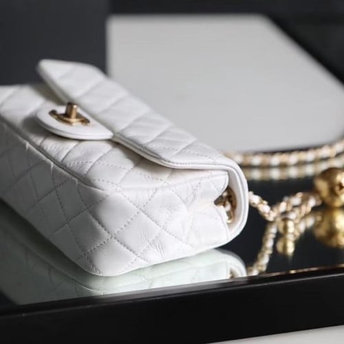 White Quilted Pearl Crush Gold Ball Flap Bag