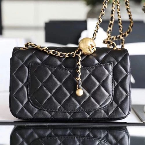 Black Quilted Pearl Crush Gold Ball Flap Bag