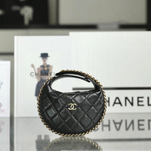 CHANEL Lambskin Quilted Chain Around Pouch Hobo Bl...