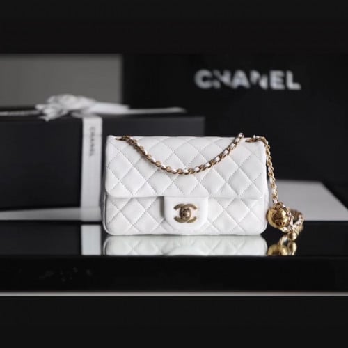 White Quilted Pearl Crush Gold Ball Flap Bag