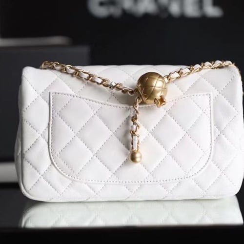 White Quilted Pearl Crush Gold Ball Flap Bag
