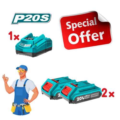 قاعدة شاحن توتال مع بطاريتين 2 امبير 20 فولت P20S