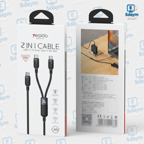 كابل شحن Yesido CA92 بقوة 100 واط و5 أمبير، من نوع USB-C / Type-C إلى منفذي Type-C مزدوجين، طوله 1.2 متر (أسود)