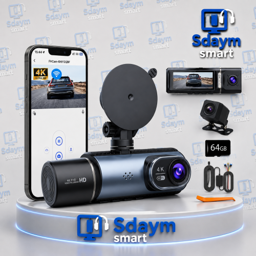 كاميرا لوحة قيادة (Dash Cam) بدقة 4K، تغطي الجهات الأمامية والداخلية والخلفية، مزودة بتقنية WiFi وبطاقة تخزين 64 جيجابايت، وشاشة I...