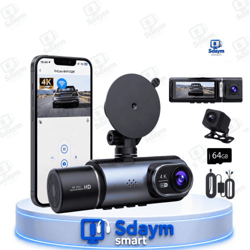 كاميرا لوحة قيادة (Dash Cam) بدقة 4K، تغطي الجهات الأمامية والداخلية والخلفية، مزودة بتقنية WiFi وبطاقة تخزين 64 جيجابايت، وشاشة I...