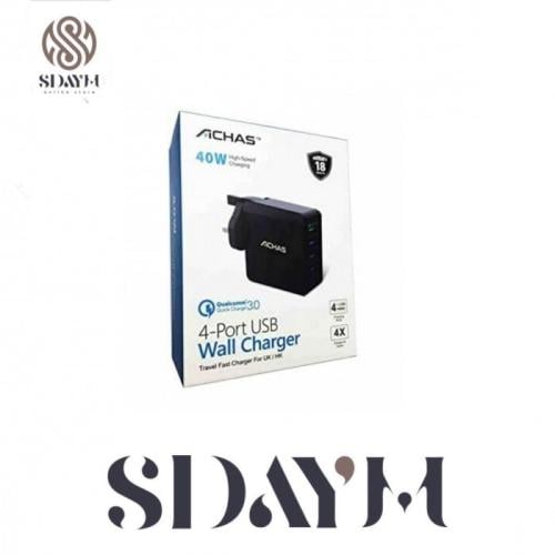شاحن حائطي 4 منافذ USB من أشاس، أبيض 40 واط للشحن...