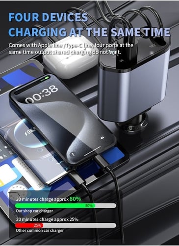 شاحن سيارة قابل للسحب 4 في 1 مع شحن سريع ذكي، يدعم...