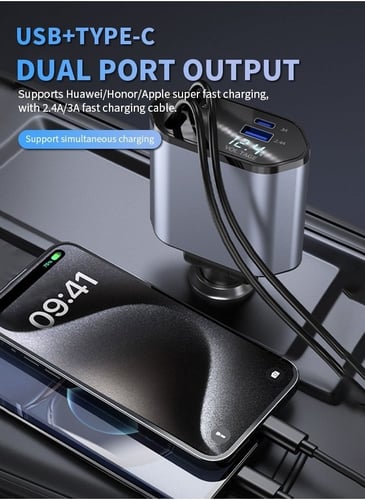 شاحن سيارة قابل للسحب 4 في 1 مع شحن سريع ذكي، يدعم...