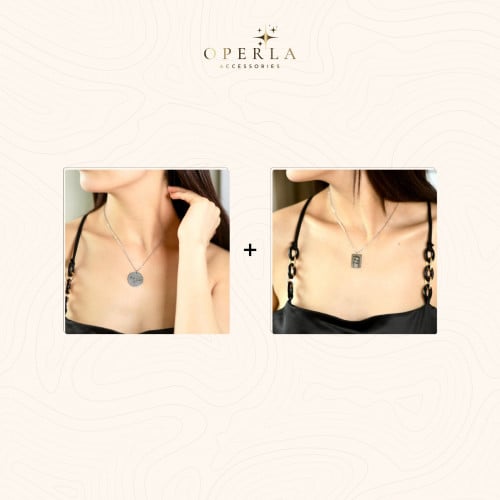 بكج 2 قلادة نحت فضية وجه واحد دائرية ومستطيلة