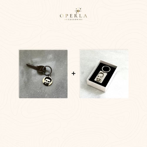 بكج 2ميدالية مفتاح نحت فضي دائري ومستطيل