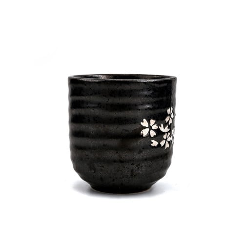 كوب فخار أسود مزخرف بأزهار الساكورا حجم متوسط