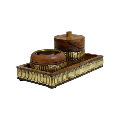 طقم مبخرة خشبية بحزام نحاسي فضي / ذهبي