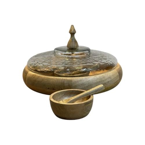 طقم ضيافة خشبي مع تمرية خشب بغطاء زجاج