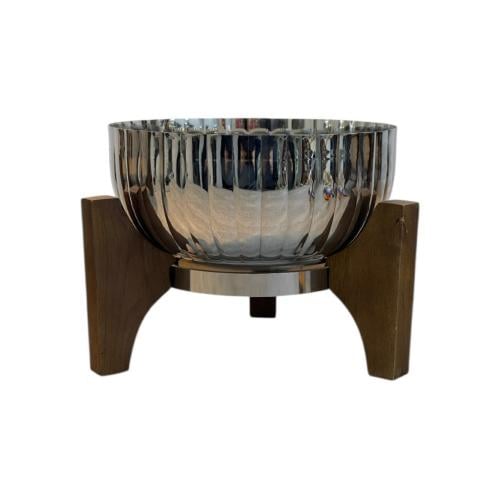 وعاء تقديم ستانلس ستيل مع قاعدة خشب