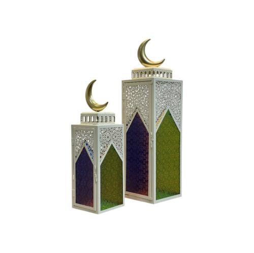 فانوس مربع معدني بيج زجاج ملون مربع