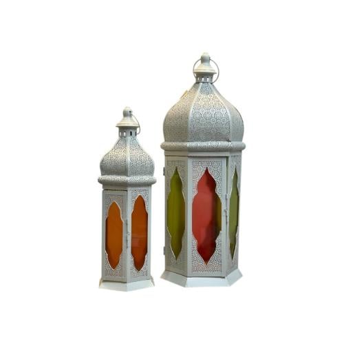 فانوس معدني بيج زجاج ملون دائري