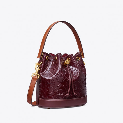 T MONOGRAM PATENT EMBOSSED BUCKET BAG