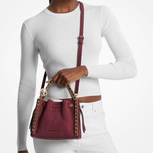 Mina Small Suede Logo Chain Crossbody Bag