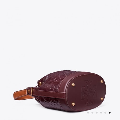 T MONOGRAM PATENT EMBOSSED BUCKET BAG