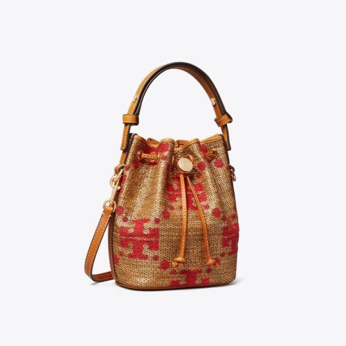 T MONOGRAM STRAW MINI BUCKET BAG
