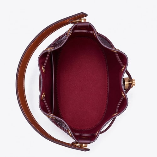 T MONOGRAM PATENT EMBOSSED BUCKET BAG