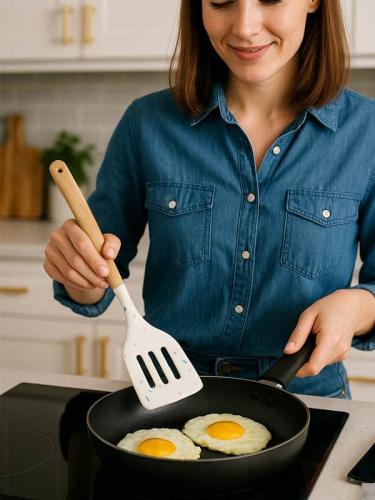 ملاعق تقليب البيض سيليكون بمقبض خشبي مريح لتحريك و...