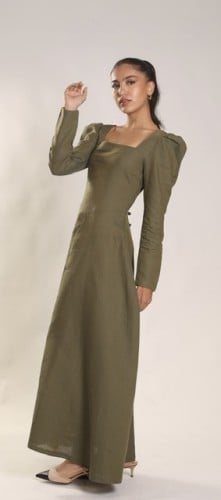 Puff sleeve dress in olive