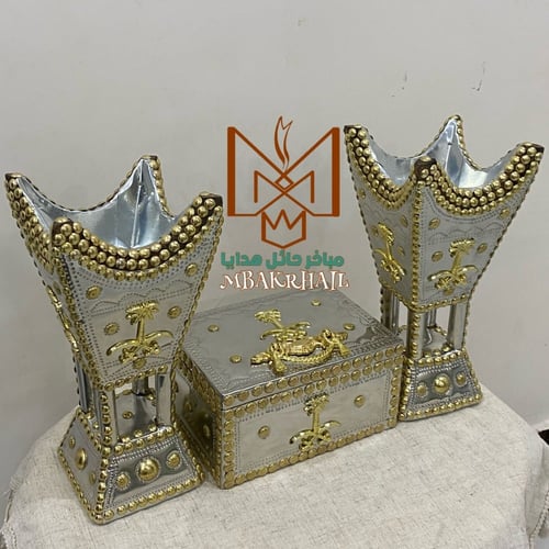 مبخرتين حايلية فضي | علبة عود كبيرة | سيفين ونخلة