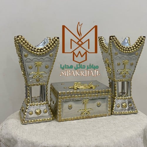 مبخرتين حايلية فضي | علبة عود كبيرة | سيفين ونخلة