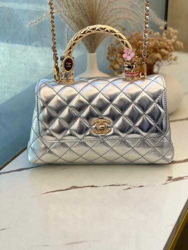 Chanel Metallic Quilted Top Handle Bag with Charm...
