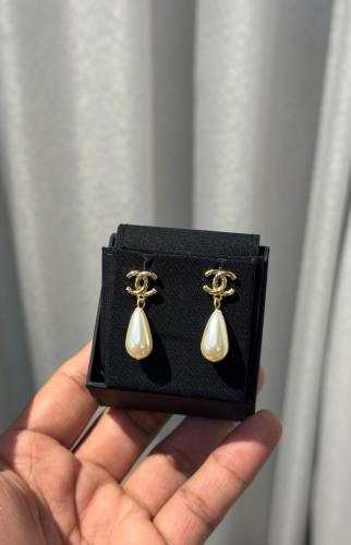 Chanel CC Teardrop Pearl Drop Earrings
