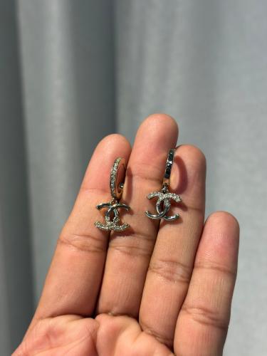 Chanel Hoop Crystal Drop Earrings Silver