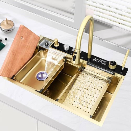 حوض مطبخ ذهبي لامع ستانلس ستيل + حماية نانو شلال ا...